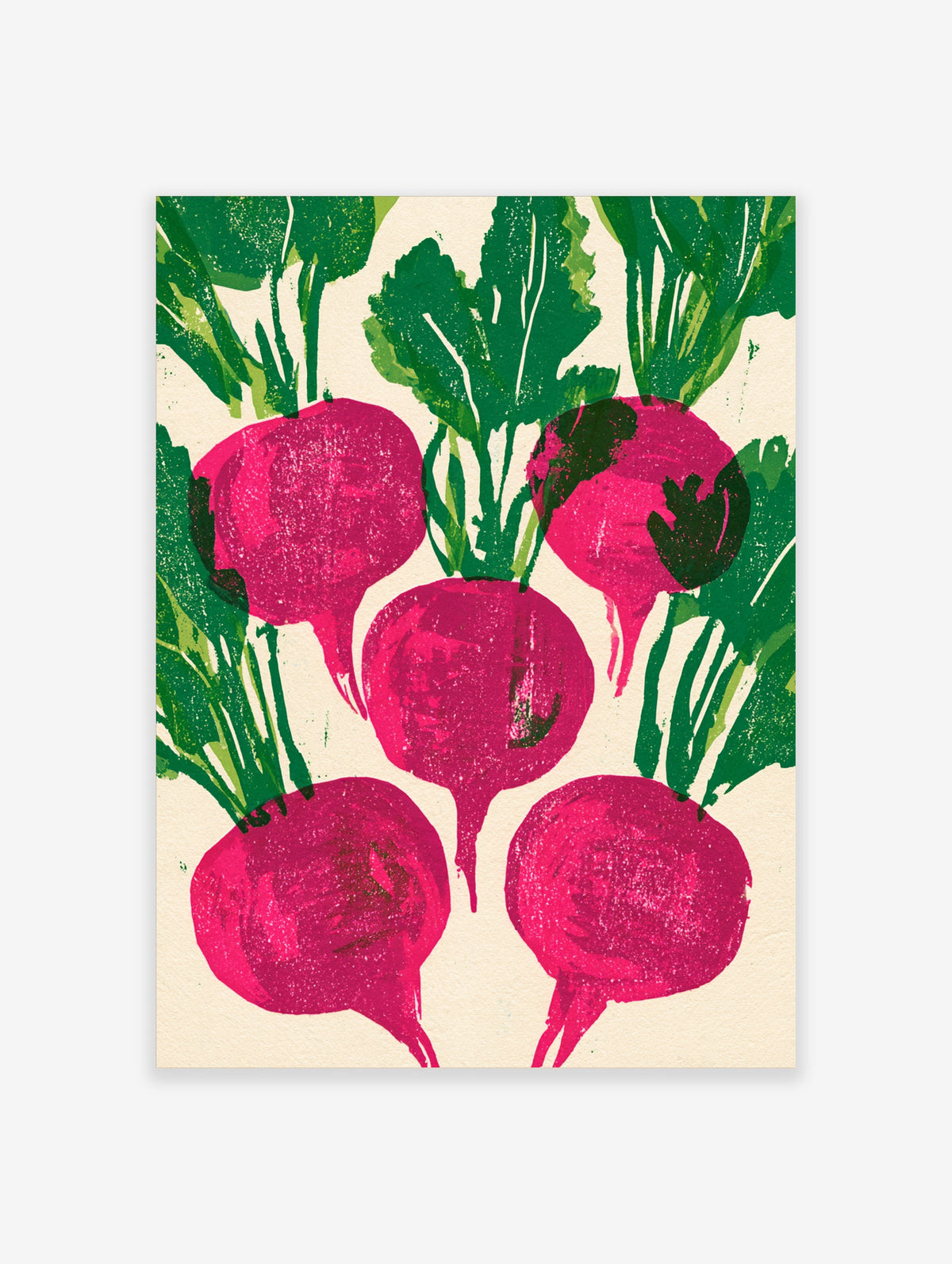 Pink radish art print with five root vegetables and green leaves on cream background