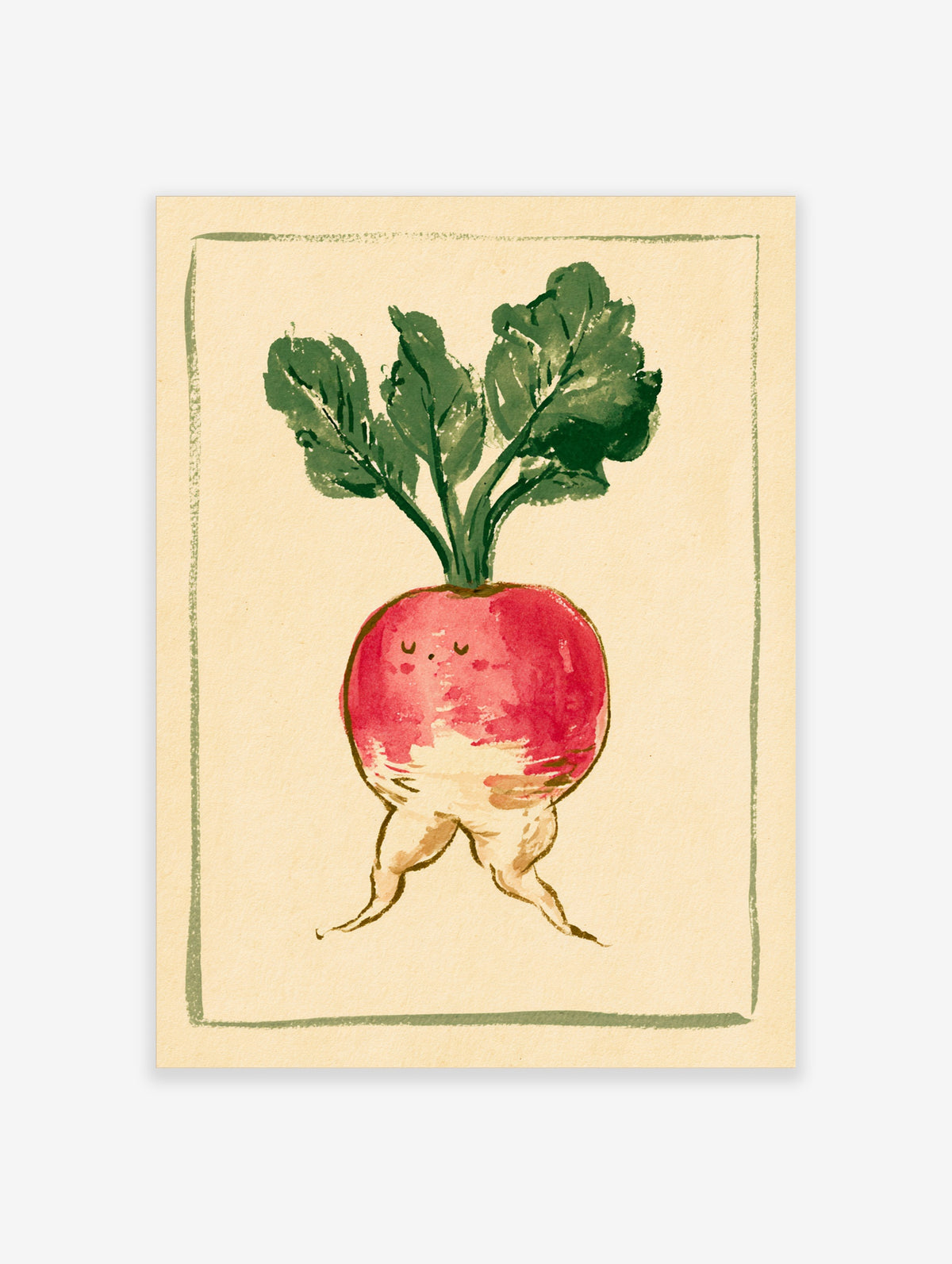 Watercolour pink radish with smiling face, green leaves and root legs on cream paper