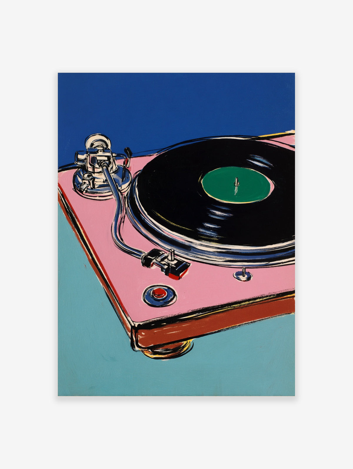 Pink record player poster with black vinyl record, green label, and chrome tonearm on blue background