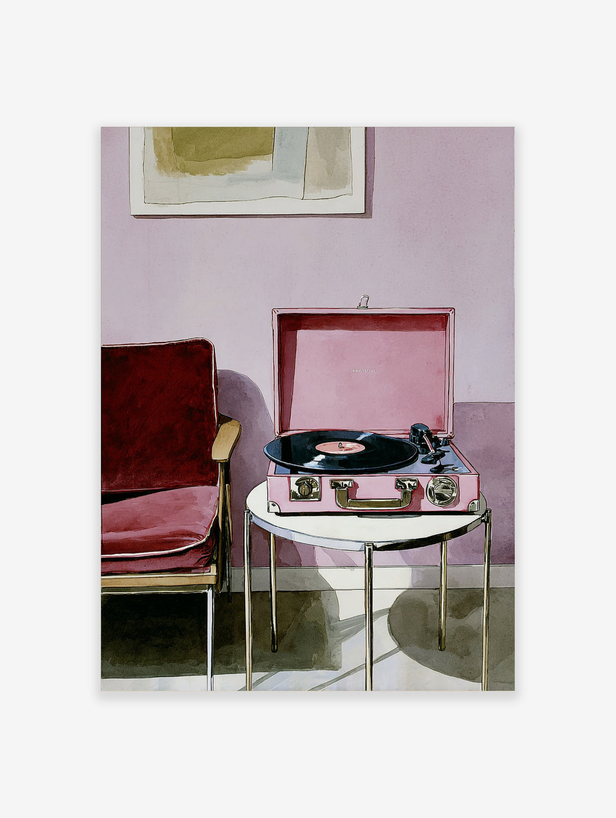 Pink record player poster with open turntable, black vinyl and red chair on lilac background