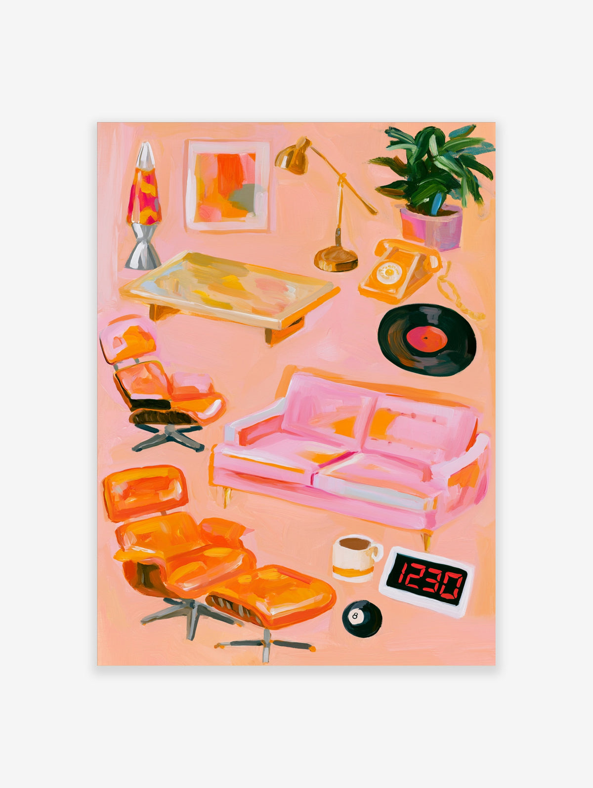 Pink retro interior poster with orange lounge chairs, pink sofa, record and lamp