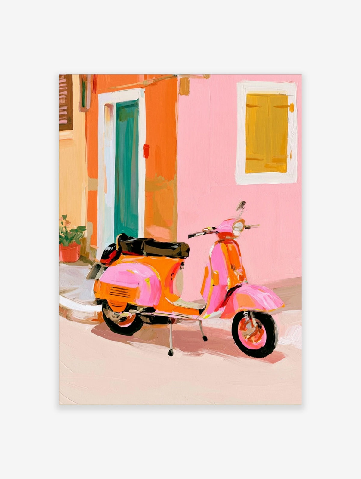 Pink retro scooter parked in front of a pink building with a teal door and yellow shutters, colourful Italian street art