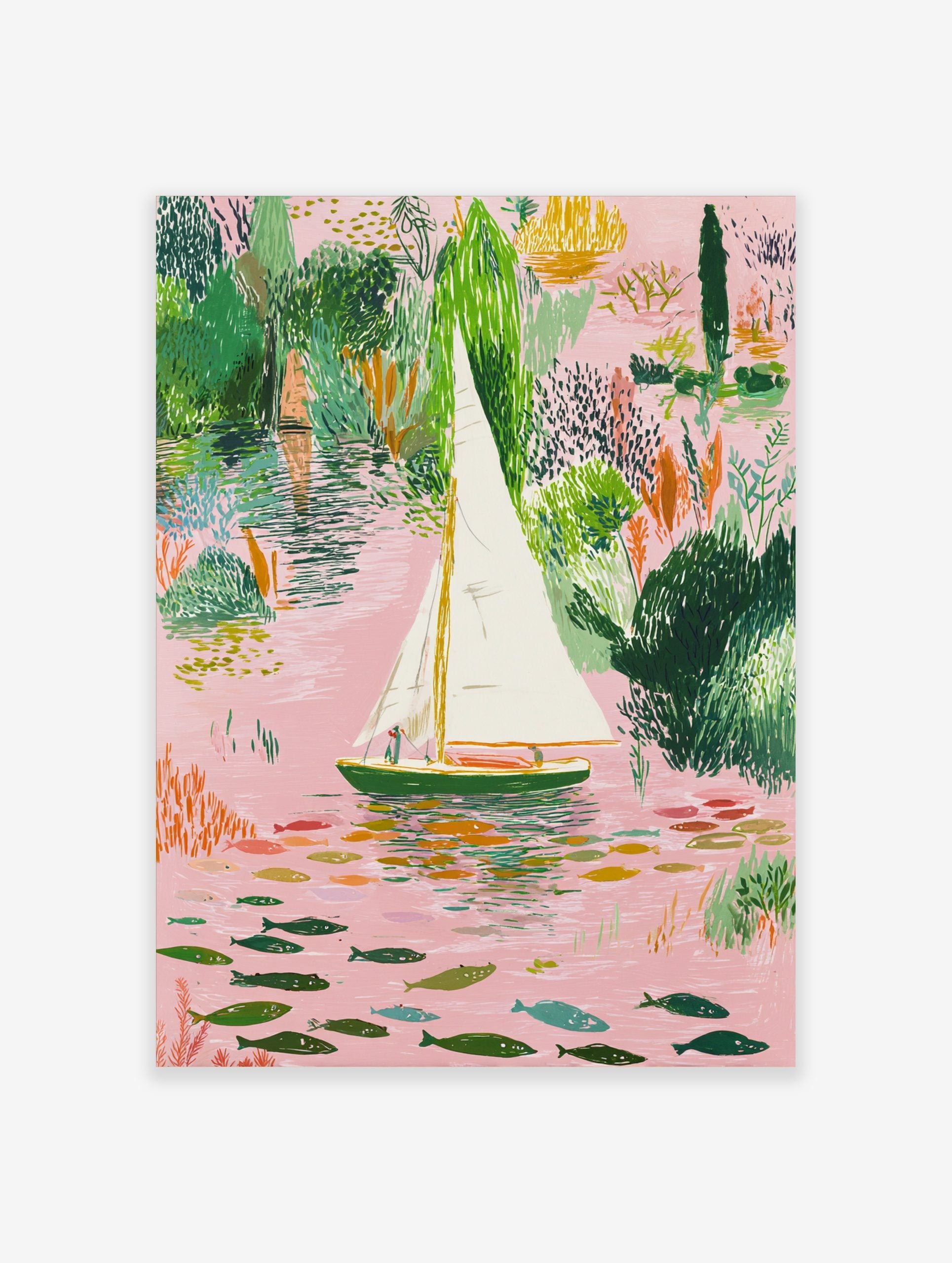 Illustrative sailboat on a pink river with green foliage and colourful fish art print