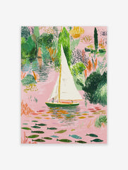 Illustrative sailboat on a pink river with green foliage and colourful fish art print