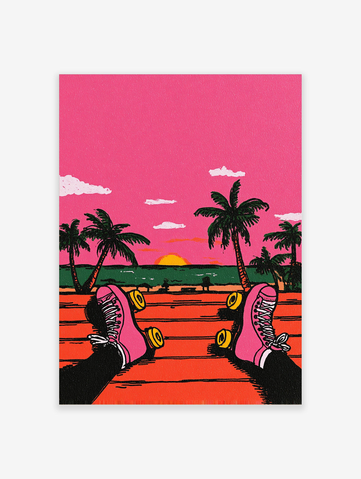 Pink roller skate sunset poster with palm trees, green sea, and orange deck