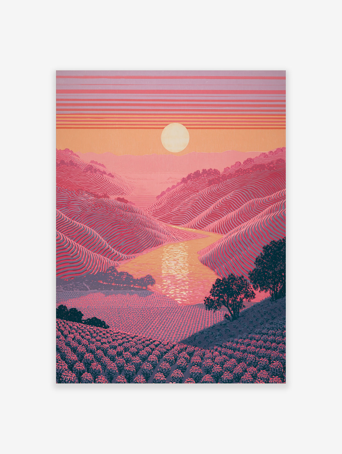 Pink rolling hills landscape poster with sun, river and patterned fields