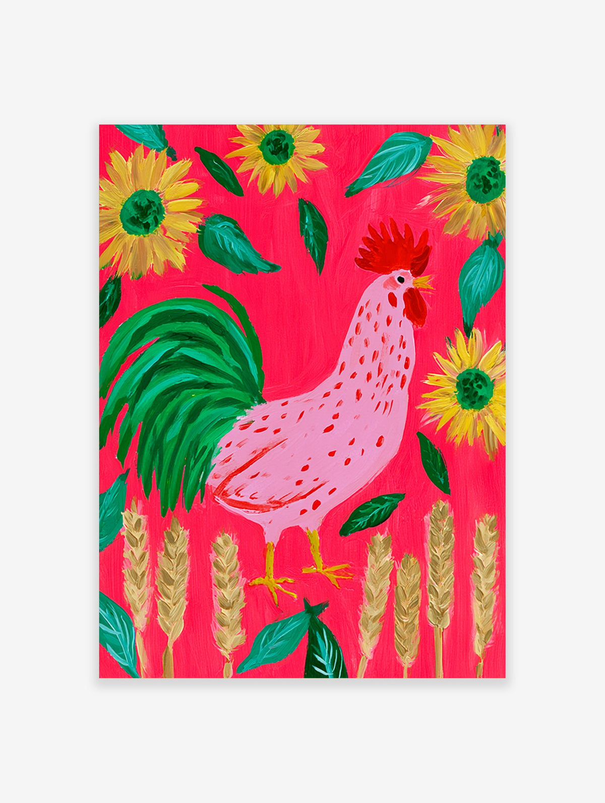 Pink rooster with red comb standing among sunflowers and wheat on a red background art print