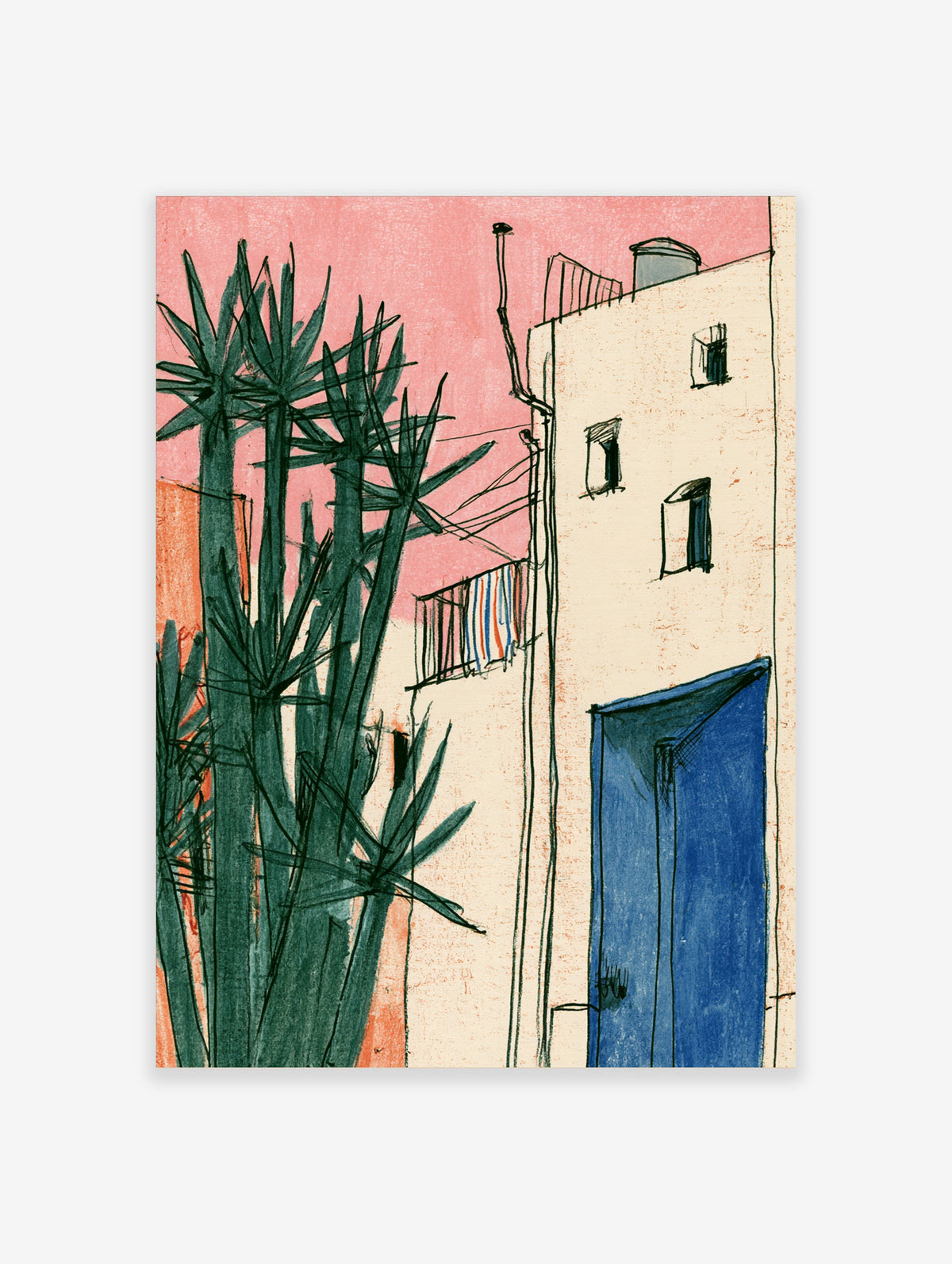 Illustration of tall green palm plants against a pink sky and cream building with a blue door