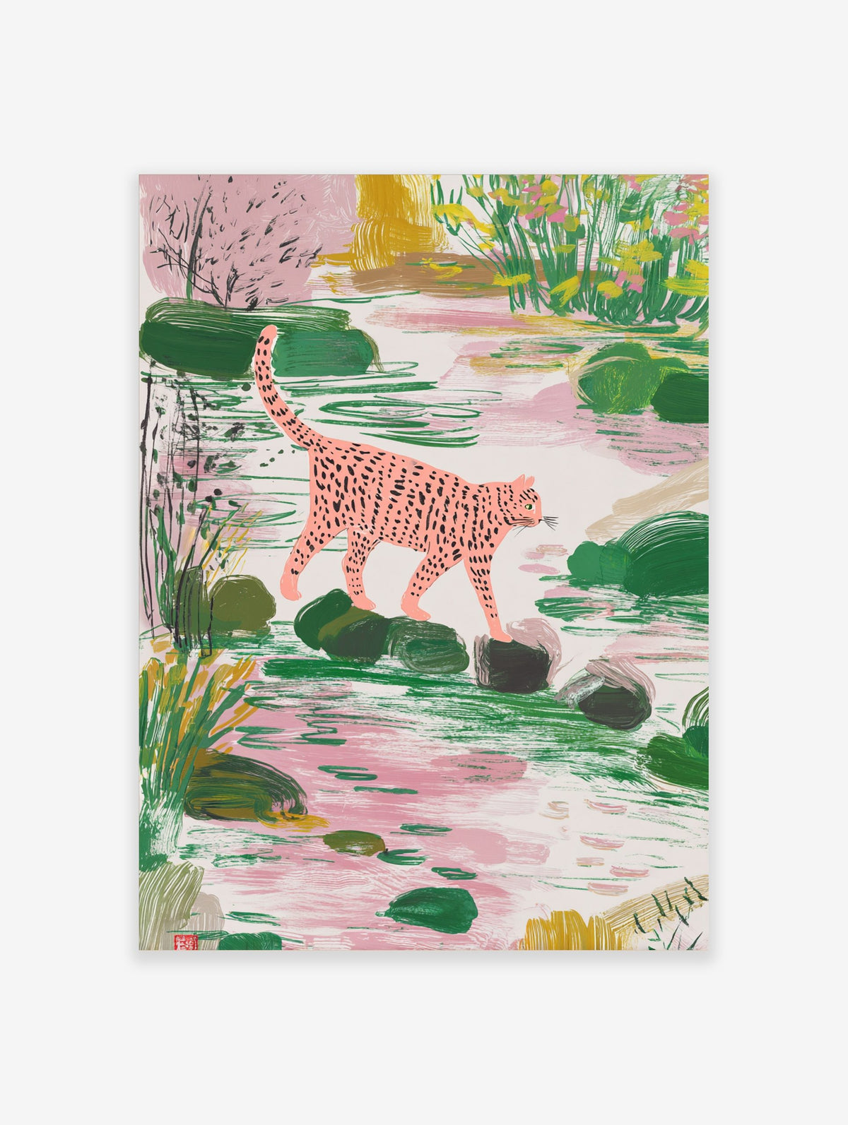 Pink spotted leopard walking on stepping stones in a lush green and pink pond scene, illustrative style