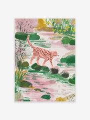 Pink spotted leopard walking on stepping stones in a lush green and pink pond scene, illustrative style