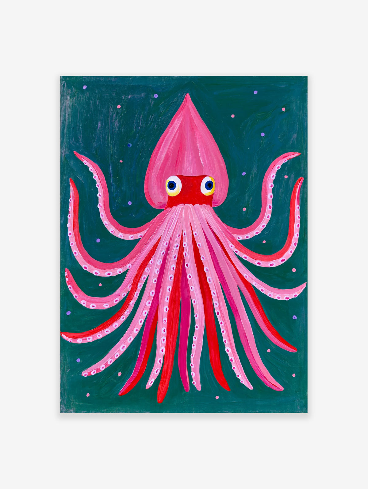 Pink squid poster with red face and white suckers on teal background with dots