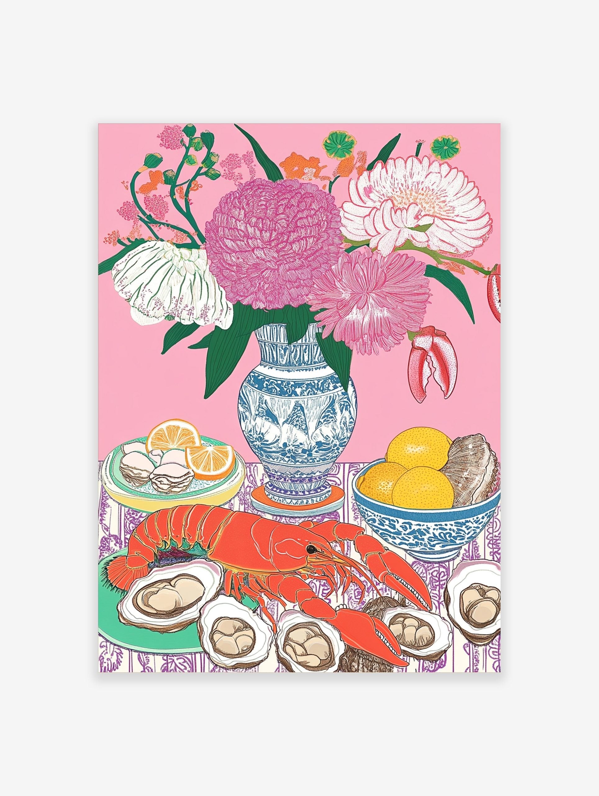 Still life illustration of red lobster, oysters, lemons, and pink flowers in blue vase on pink background