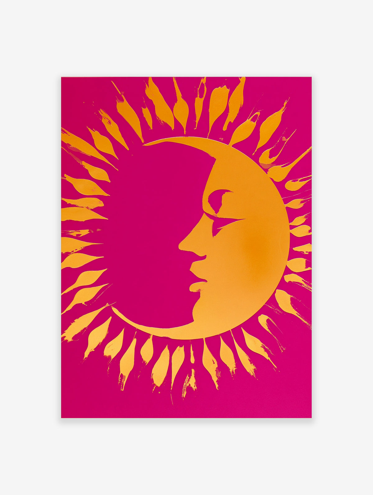 Pink and yellow sun and moon art print with crescent face and sun rays
