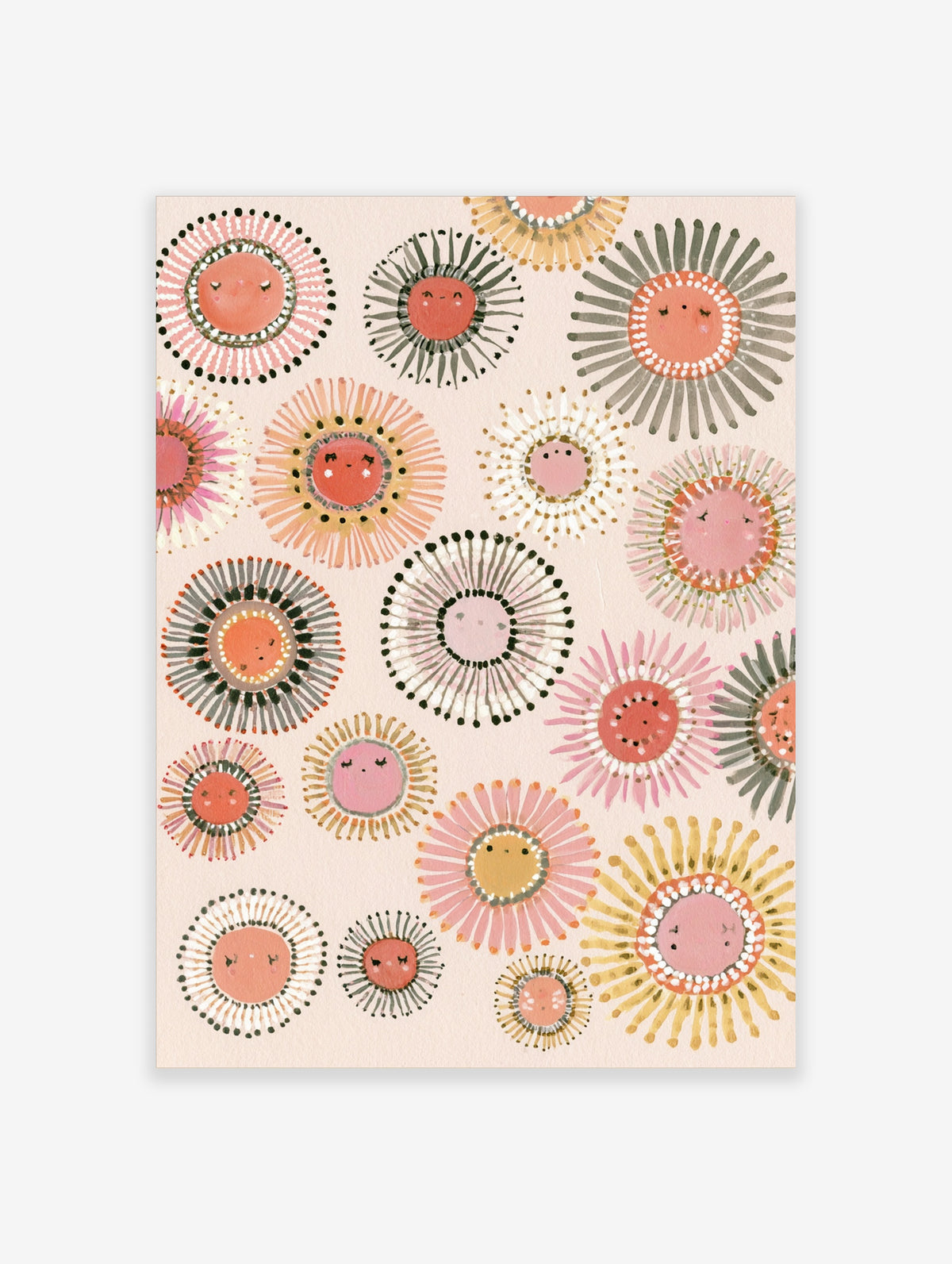 Pink sunburst wall art print with hand-painted sun faces and dotted halos on cream background