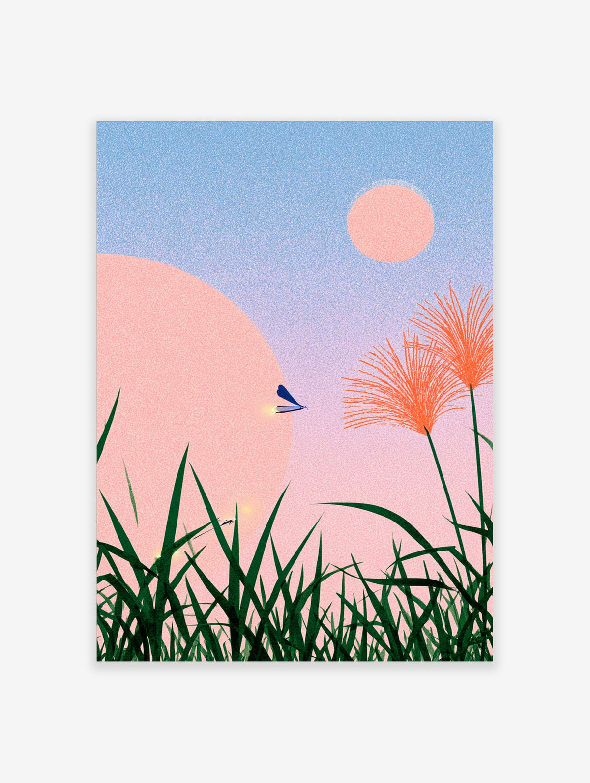 Pink sunset grass art print with blue dragonfly, orange reeds and pastel sky