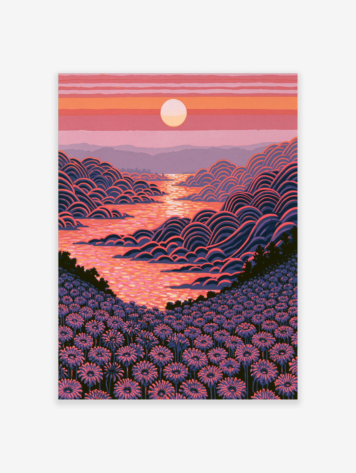 Stylised pink sunset landscape with sun over river, layered hills and flower field