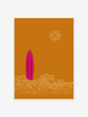 Pink surfboard standing in white ocean waves with a smiling sun on an ochre background in an illustrative style