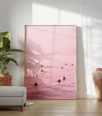 Pink surfer poster showing multiple surfers on a calm, shimmering pink ocean under a pastel sky. - Image 3