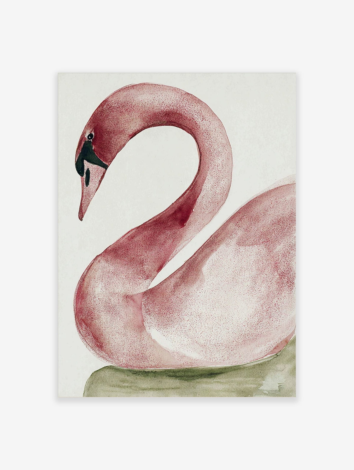 Pink swan watercolour art print with curved neck and black beak on a white background with green base