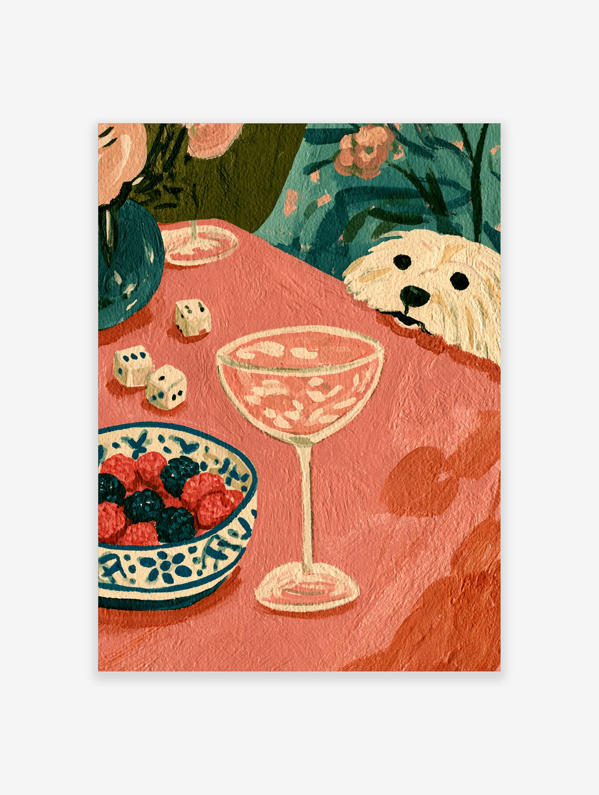 Pink tablescape art print with cream dog, dice, berry bowl, and coupe glass on coral table
