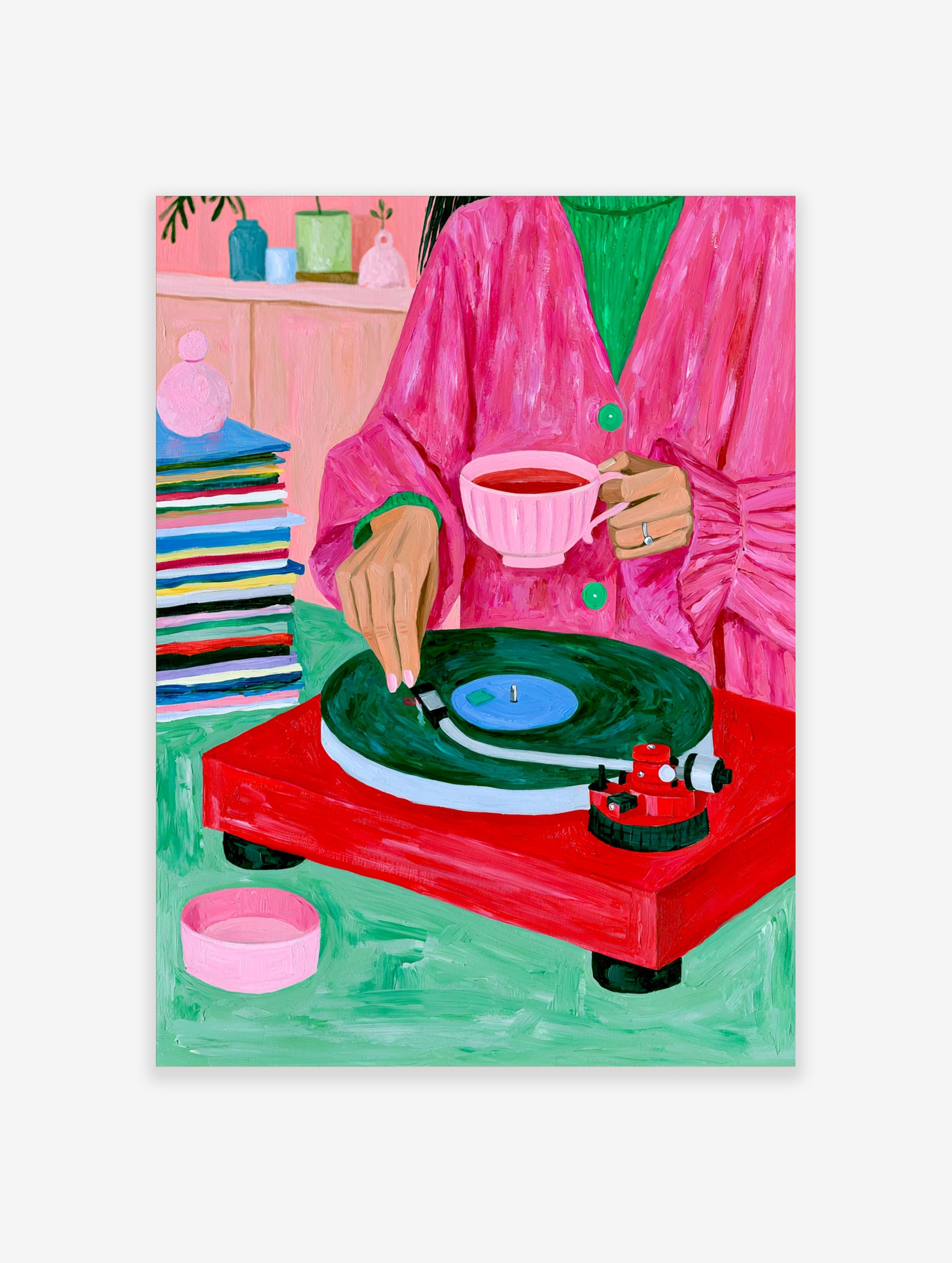 Illustration of a person in a pink coat with tea and a red record player on a green surface