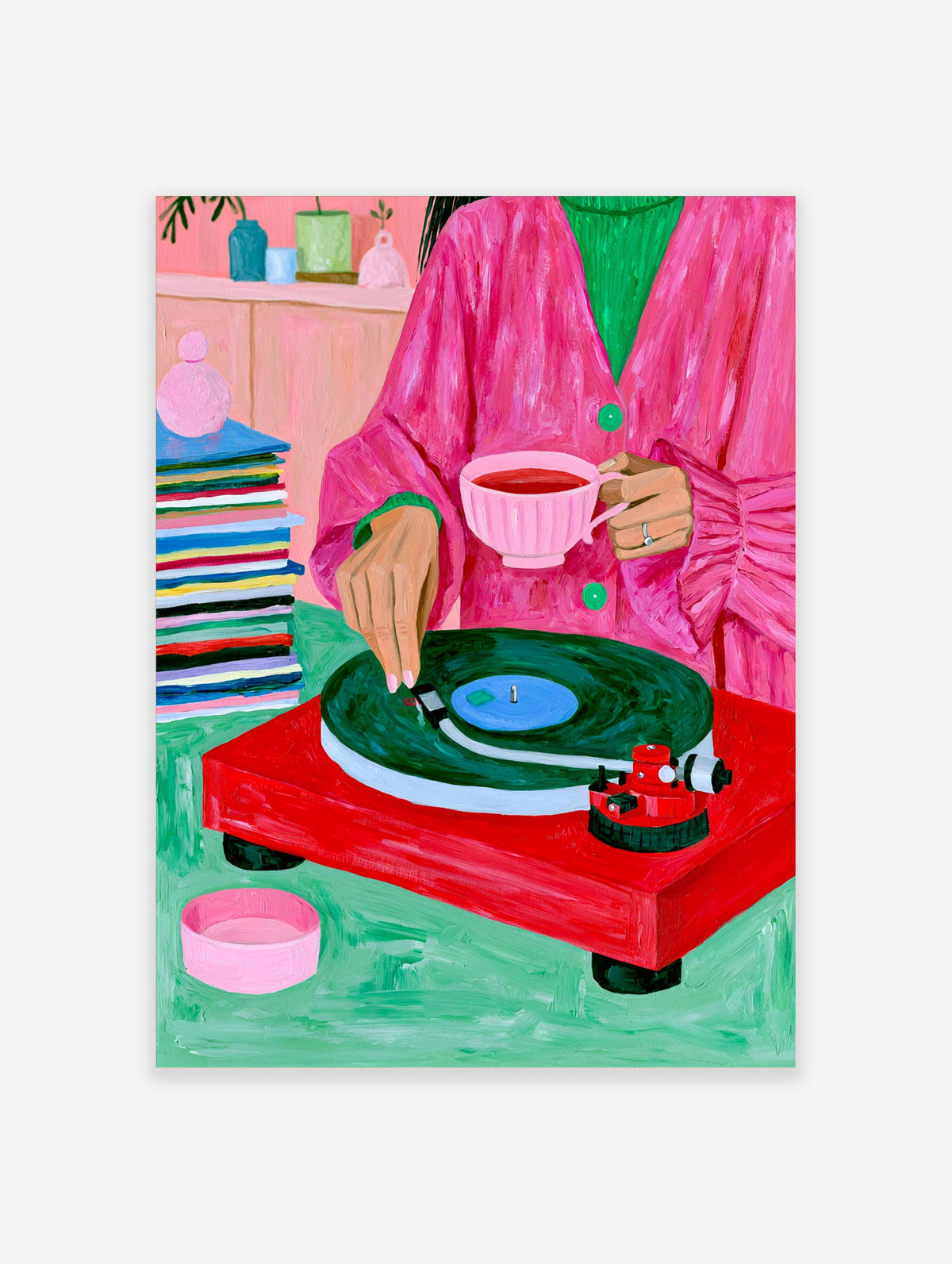 Illustration of a person in a pink coat with tea and a red record player on a green surface