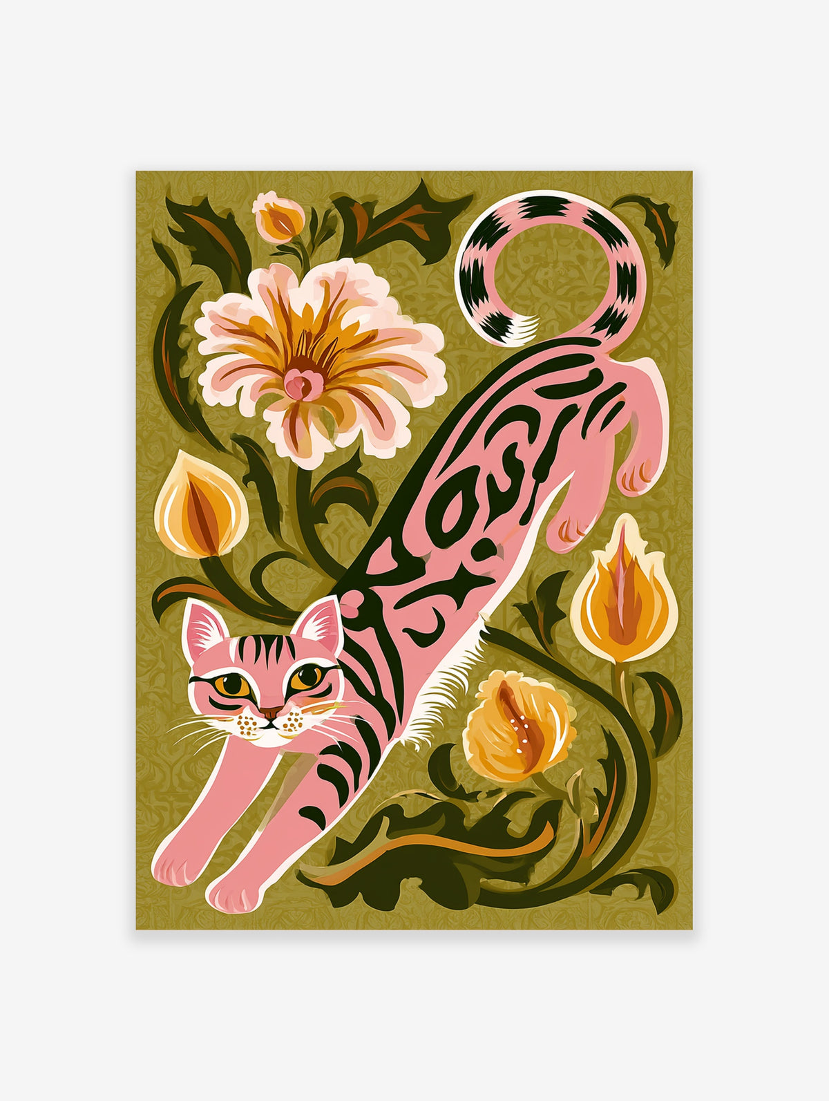 Pink tiger cat with black stripes among orange flowers and green leaves on olive background