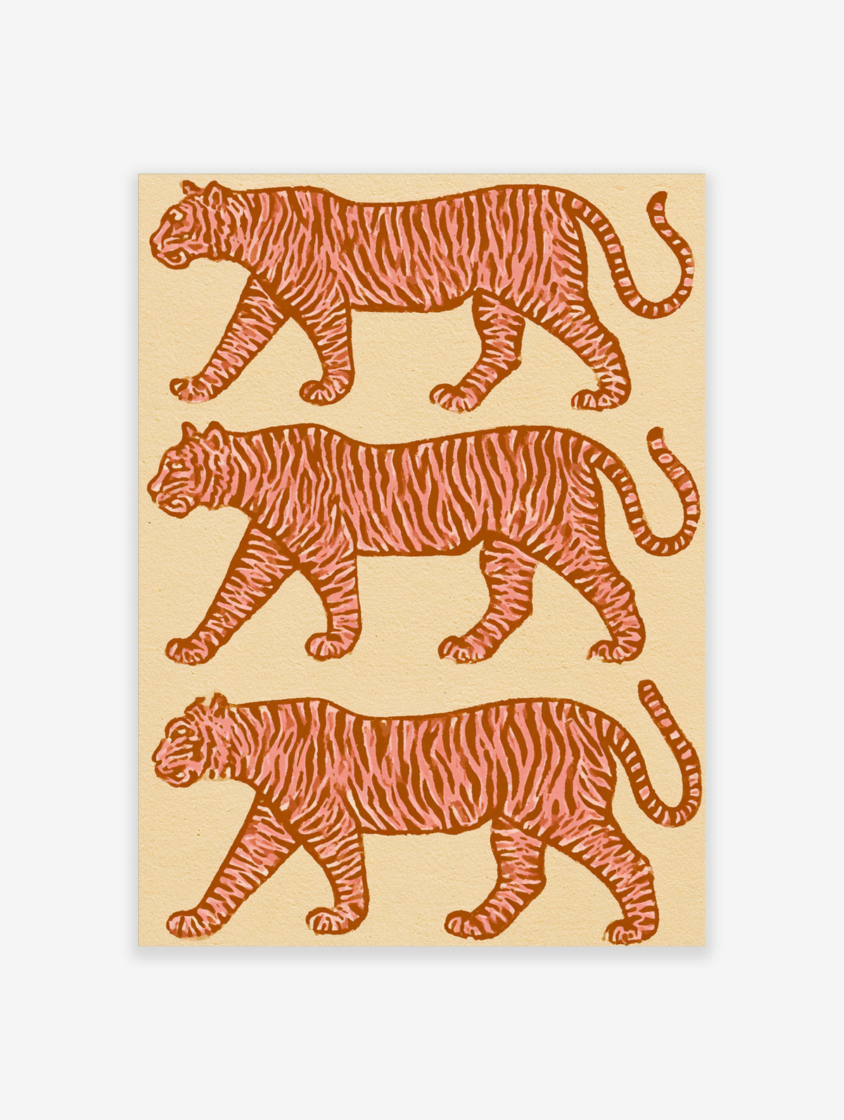 Three pink tigers walking in a row, pink and brown stripes on cream background, animal wall art print