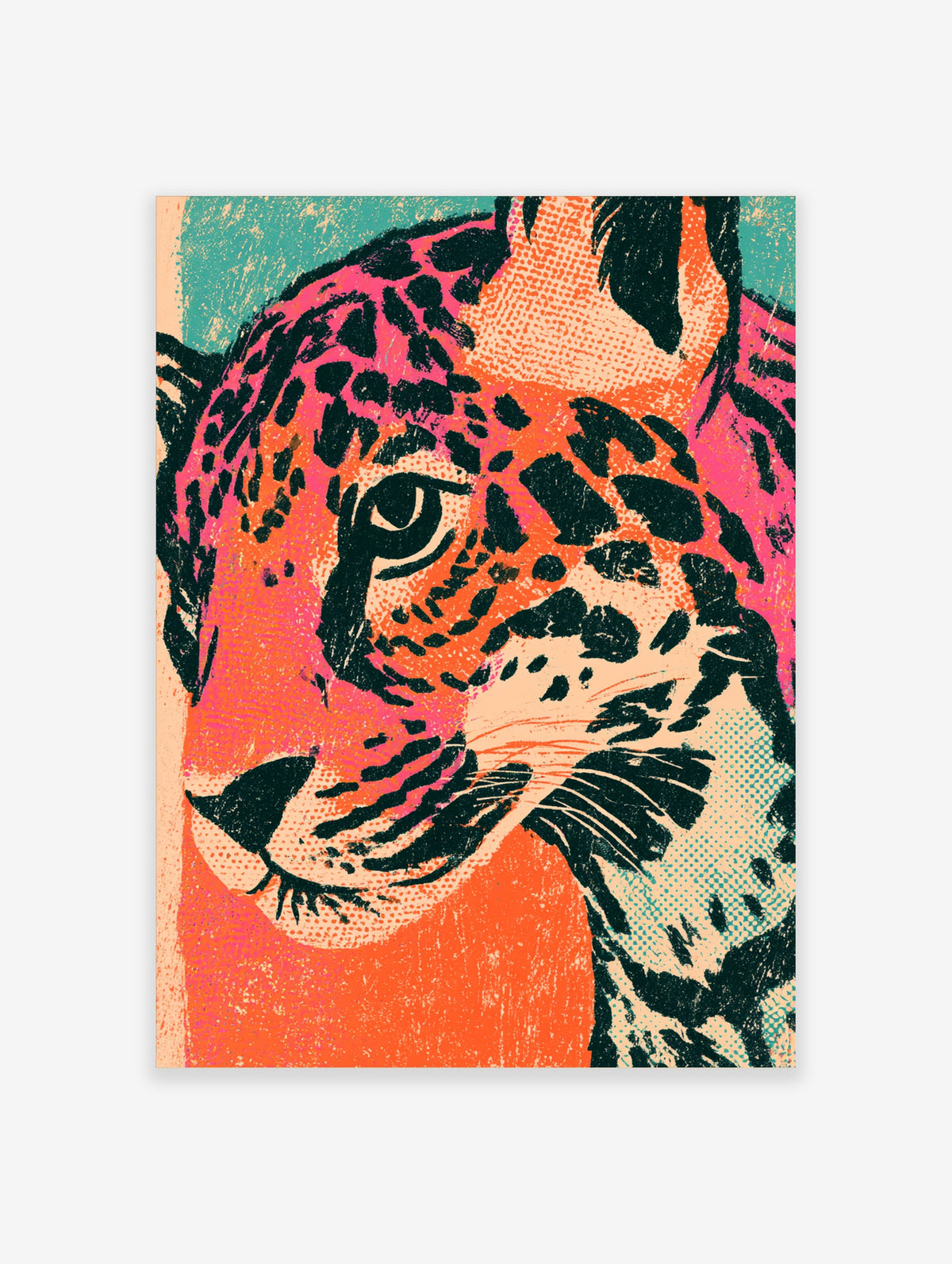 Pink and orange tiger portrait art print with black stripes and teal background