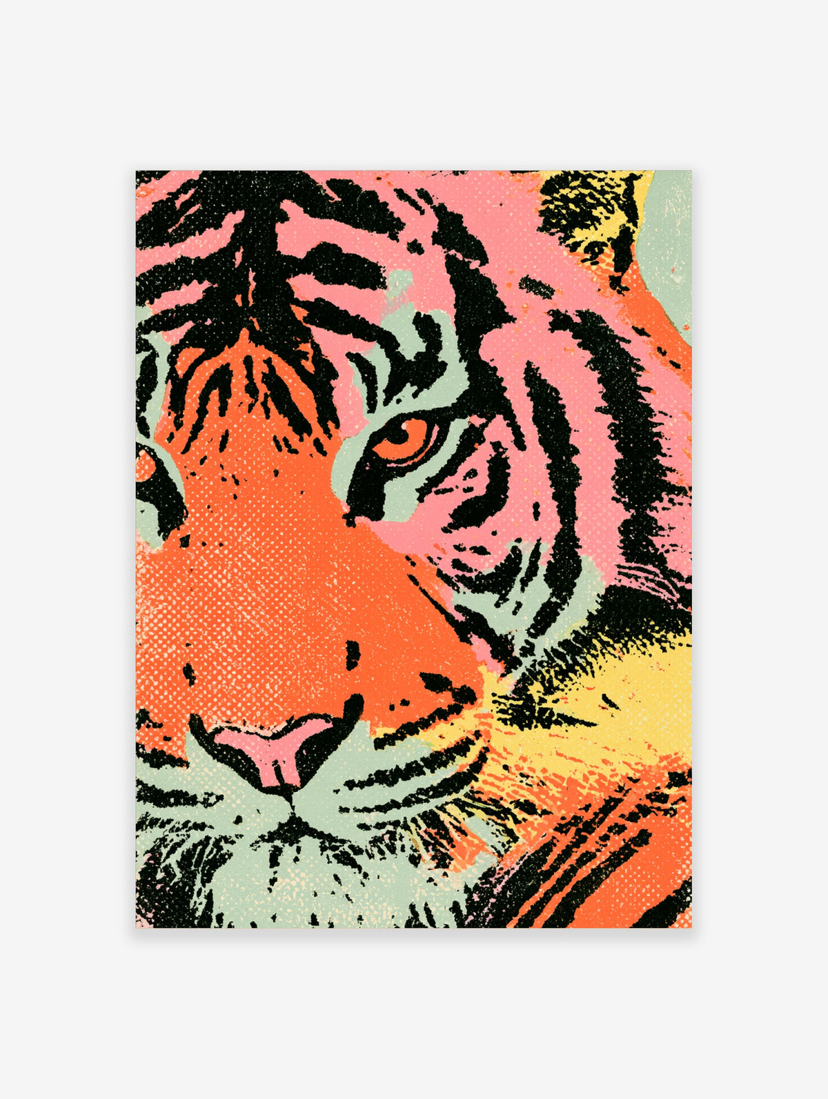Pink tiger face pop art print with black stripes and orange eye