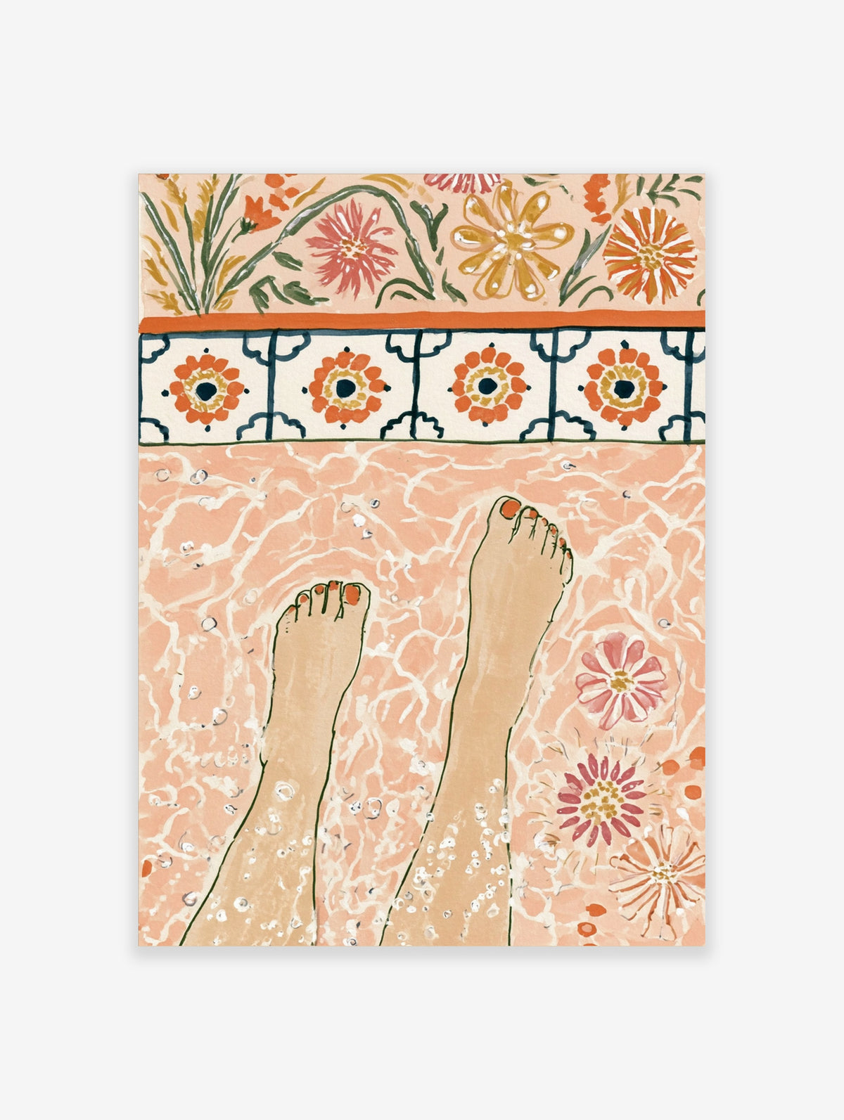 Illustration of feet in pink water below orange tile border with flowers and bubbles