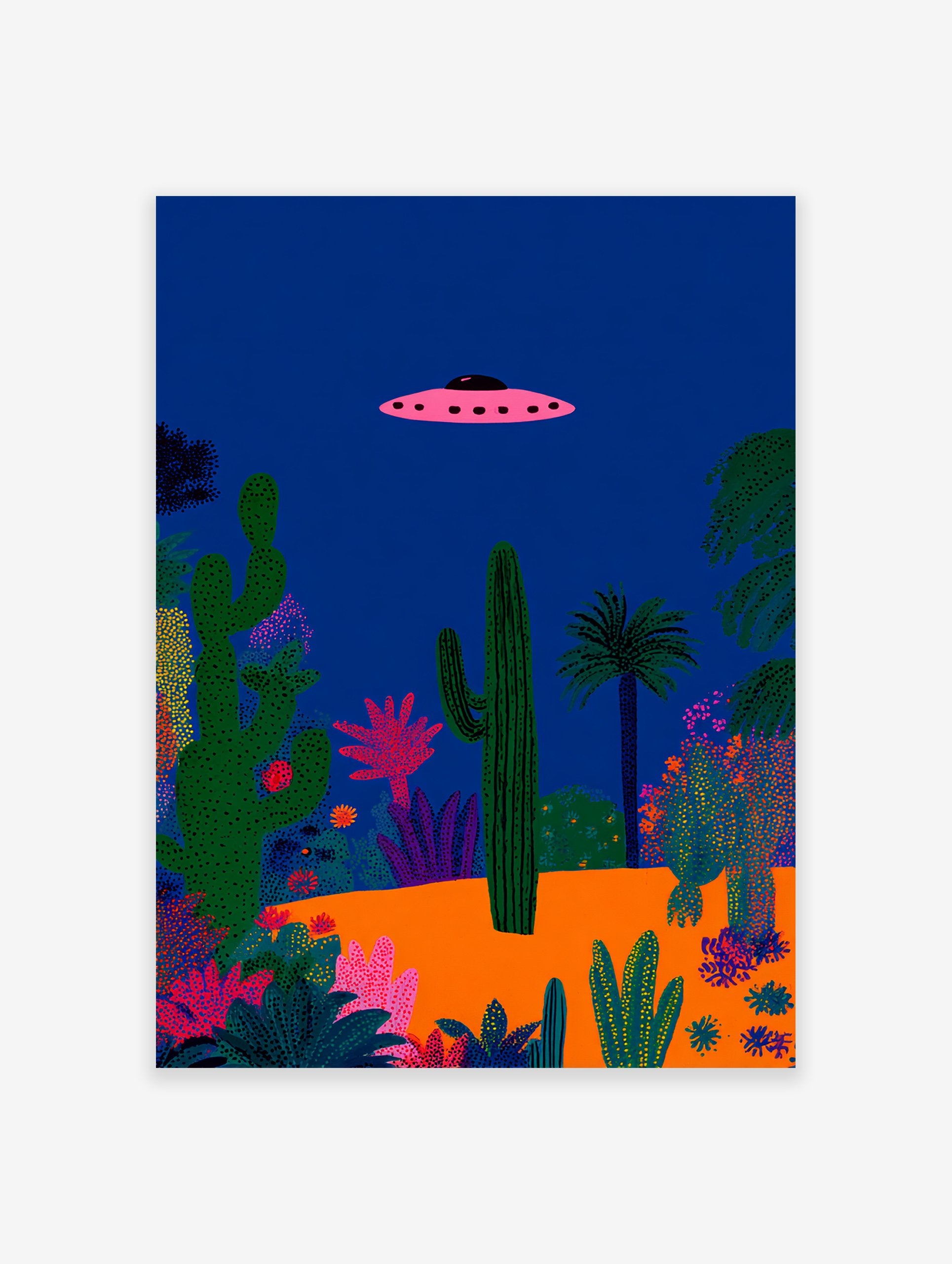 Pink UFO flying over a vibrant desert landscape with various green cacti and plants under a deep blue night sky poster.
