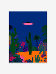 Pink UFO flying over a vibrant desert landscape with various green cacti and plants under a deep blue night sky poster.