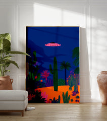 Pink UFO flying over a vibrant desert landscape with various green cacti and plants under a deep blue night sky poster. - Image 3