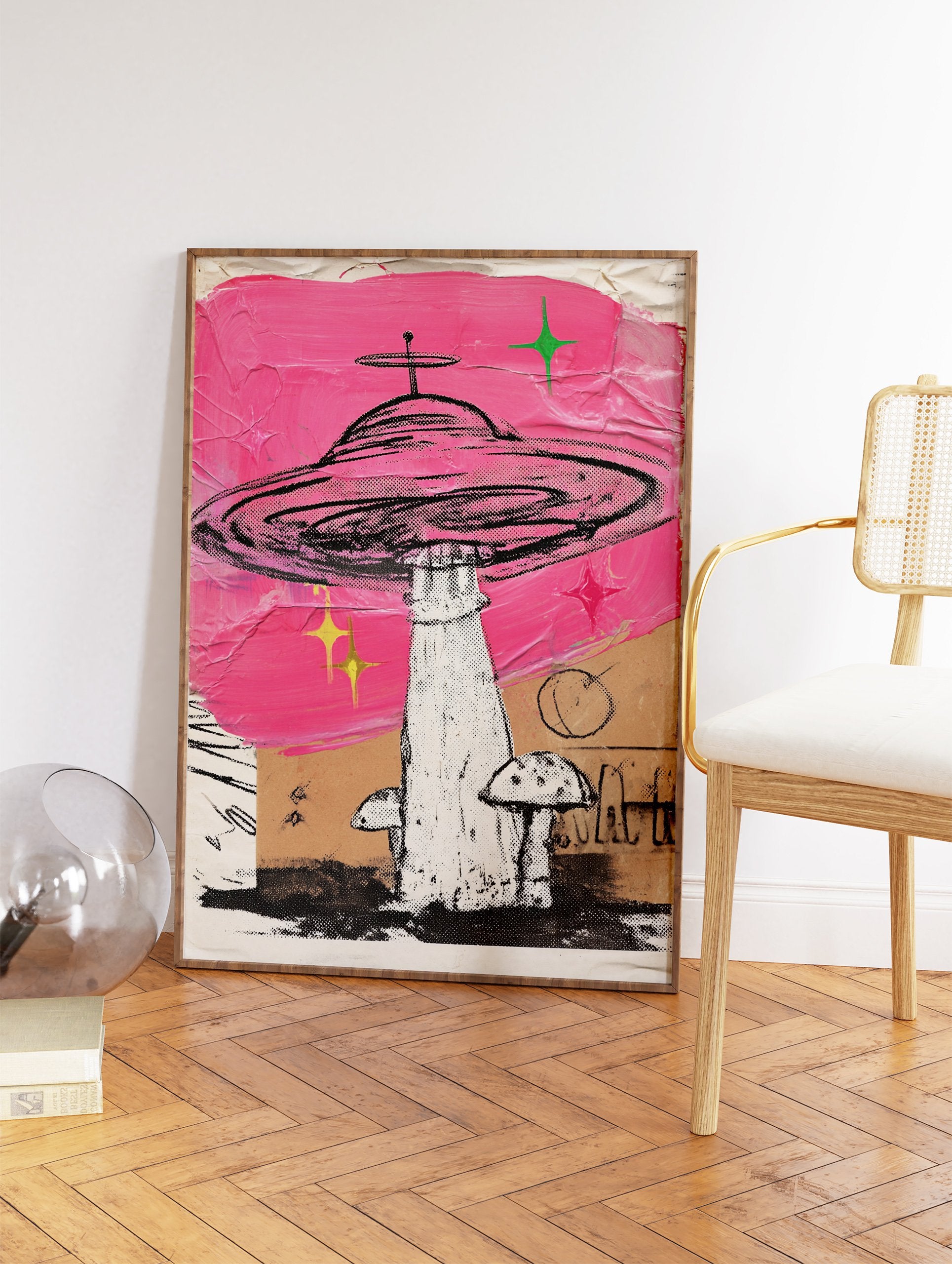 Pink UFO wall art illustration with a flying saucer, mushrooms, and stars on a distressed background. - Image 2
