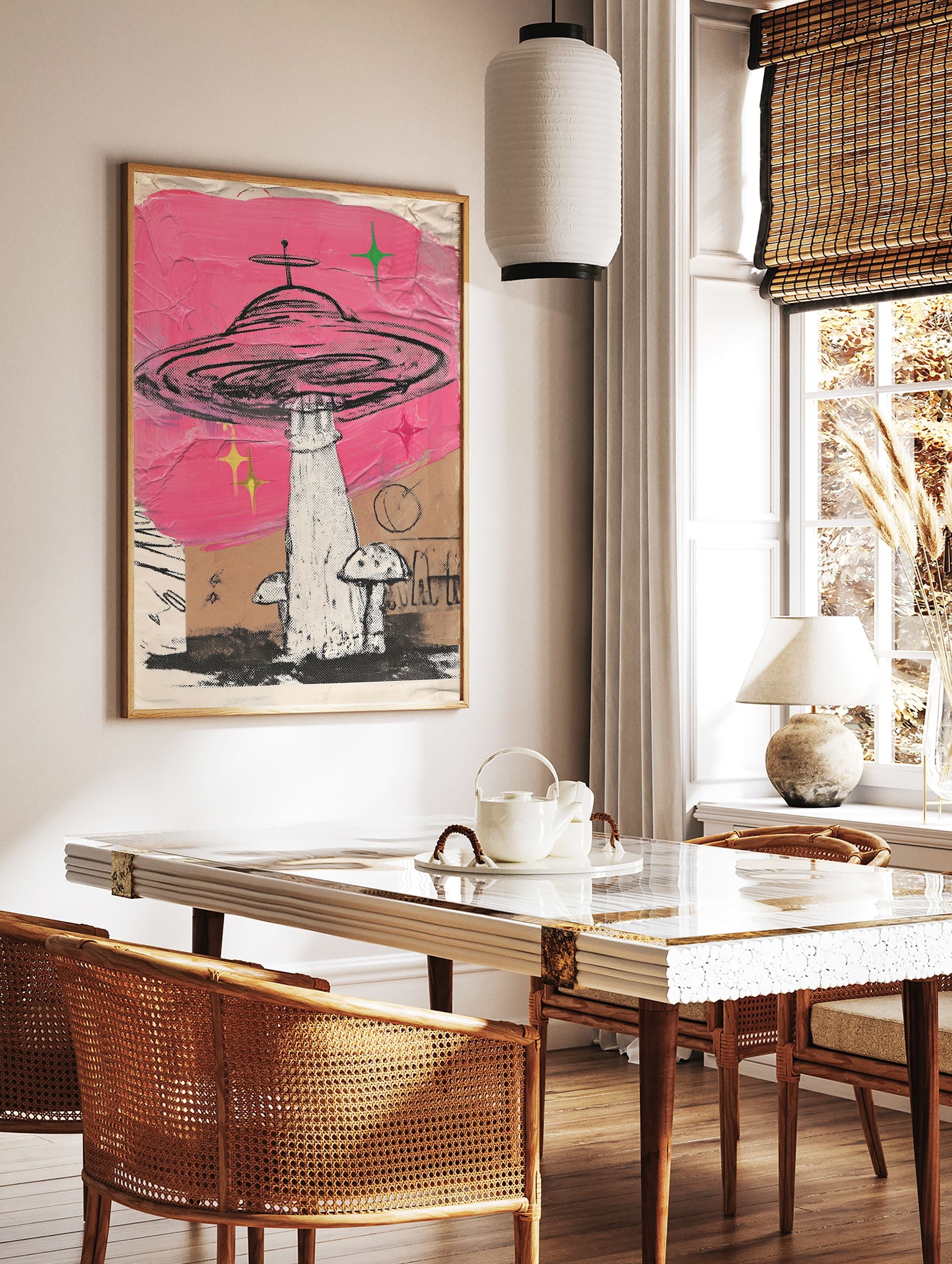 Pink UFO wall art illustration with a flying saucer, mushrooms, and stars on a distressed background. - Image 3