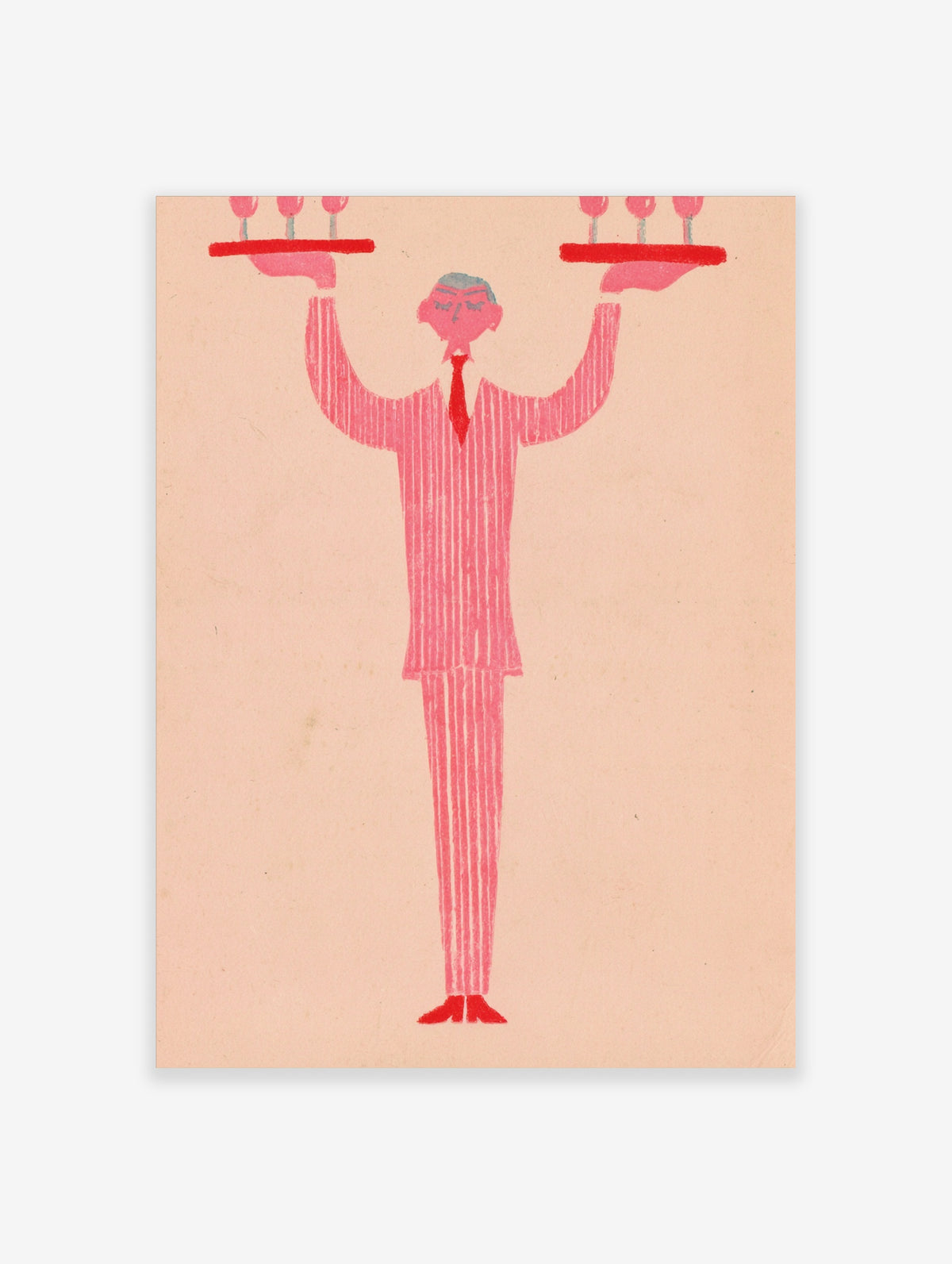Pink waiter in striped suit and red tie holding two cocktail trays above head, retro illustration on beige background