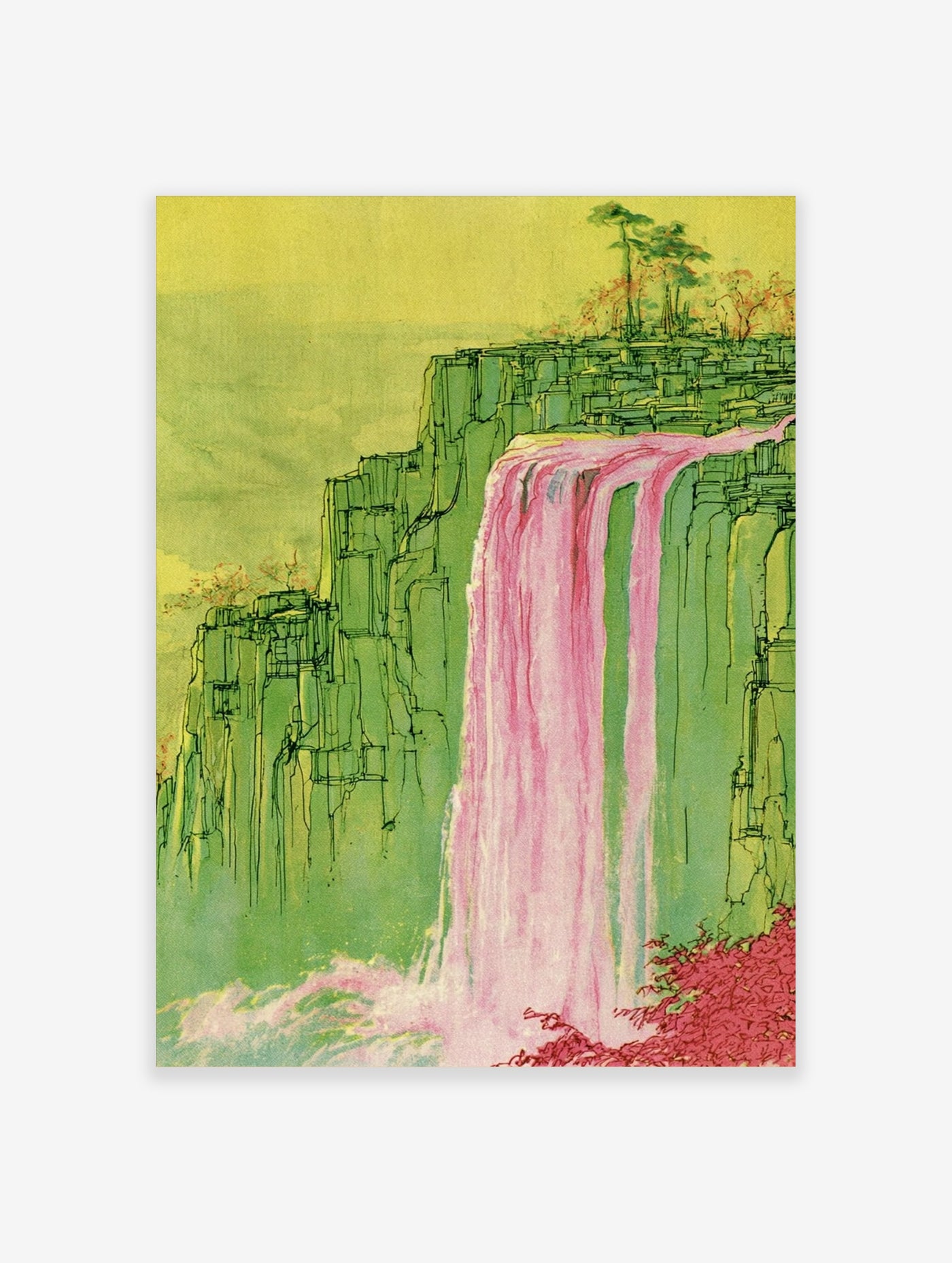 Illustrative waterfall wall art print with vibrant pink water cascading over green cliff formations in a modern style