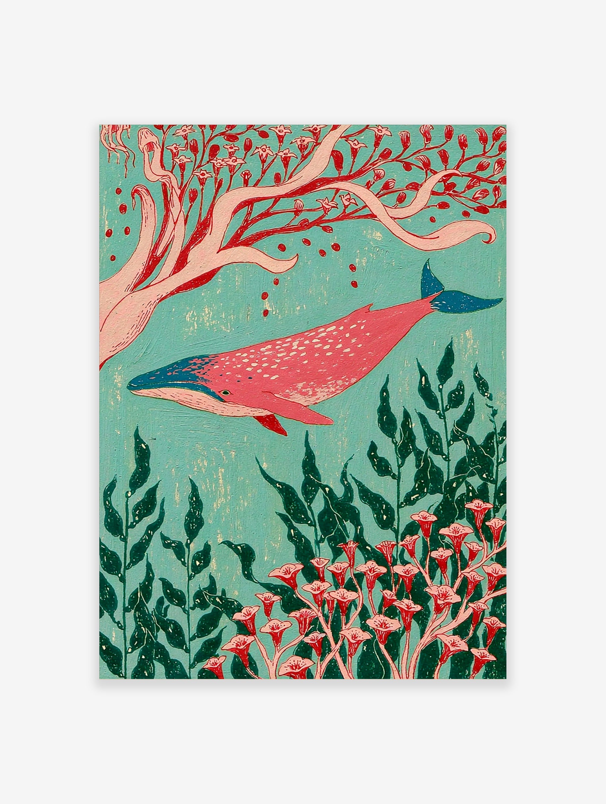 Pink whale swimming among red botanical flowers and green seaweed on a turquoise background, illustrative art print