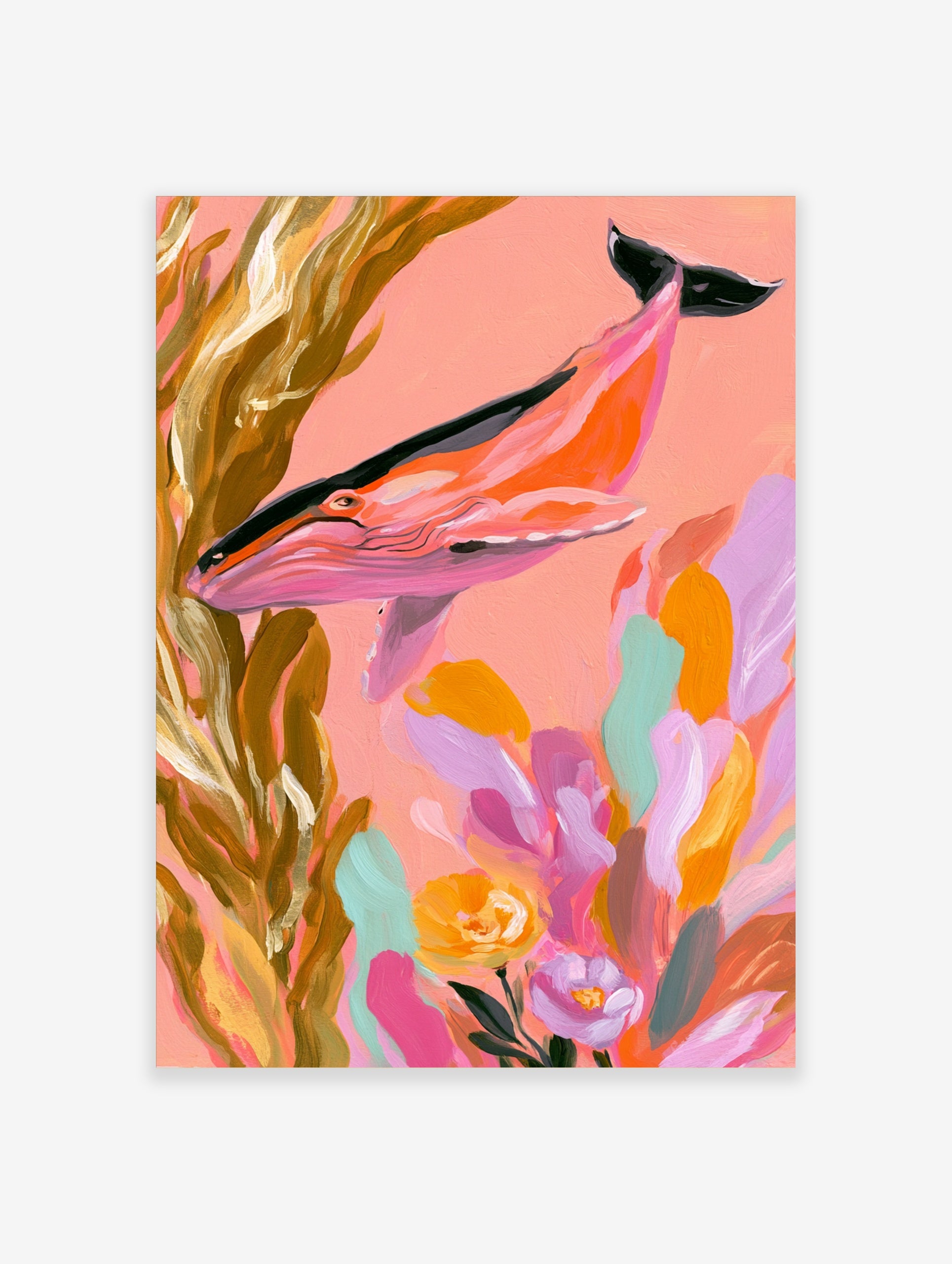 Illustrative pink whale swimming through golden kelp and colourful flowers on a coral background art print