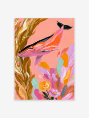 Illustrative pink whale swimming through golden kelp and colourful flowers on a coral background art print