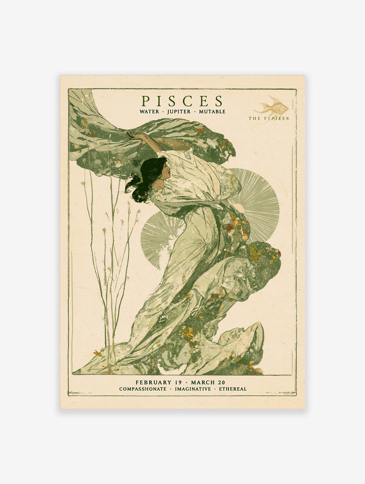 Pisces zodiac poster with green-robed figure, Art Nouveau typography, and fish motif