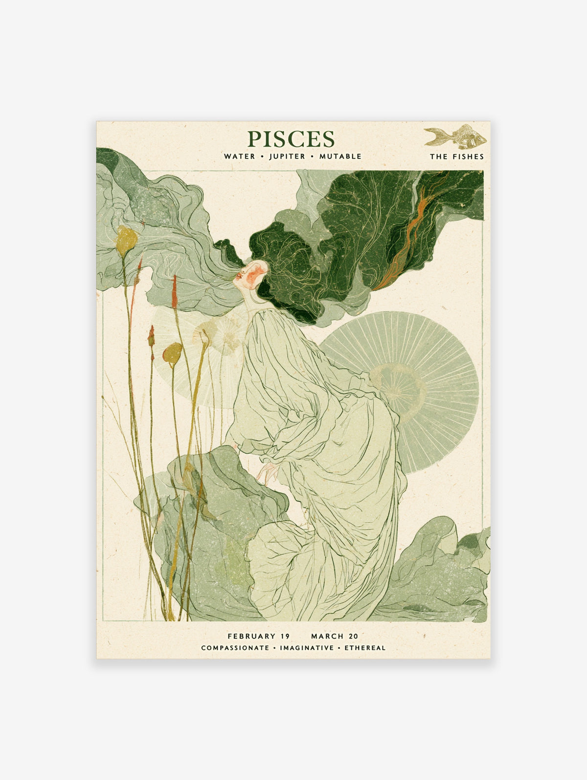 Pisces zodiac poster with reclining figure, green water ripples, gold fish, and text
