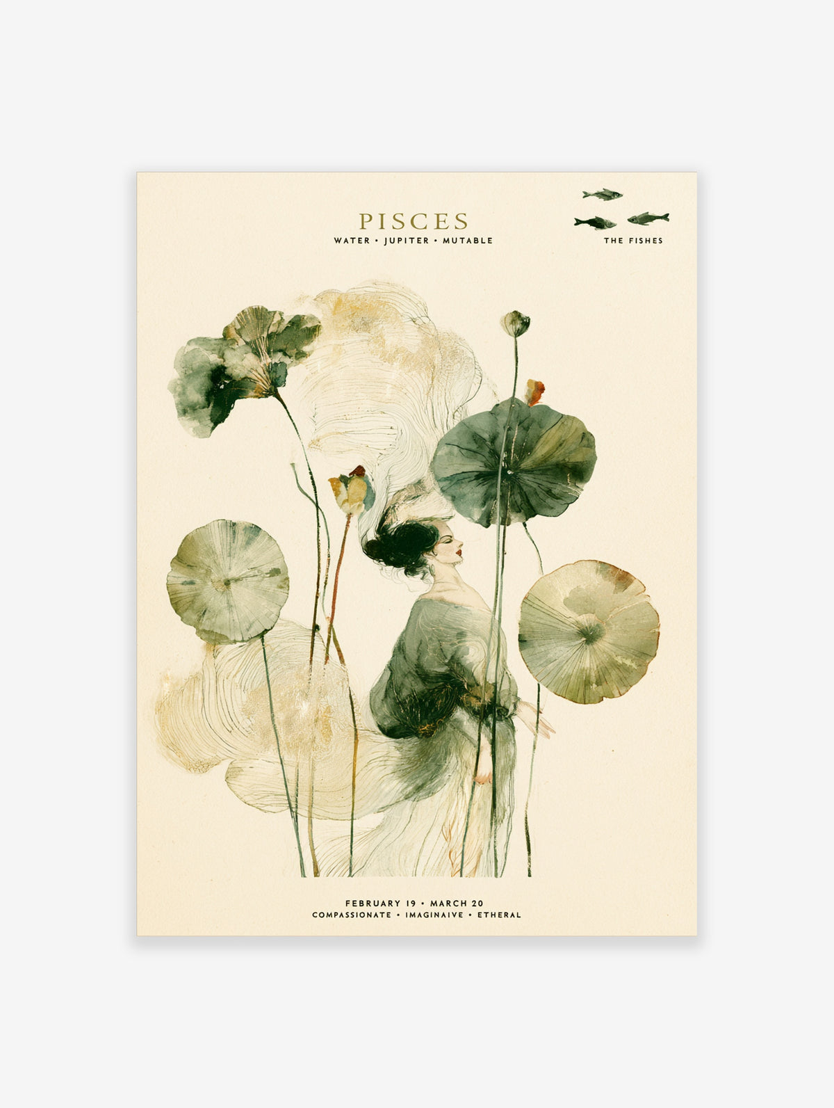 Pisces zodiac watercolour poster with woman, lotus leaves, and fish symbols on cream background