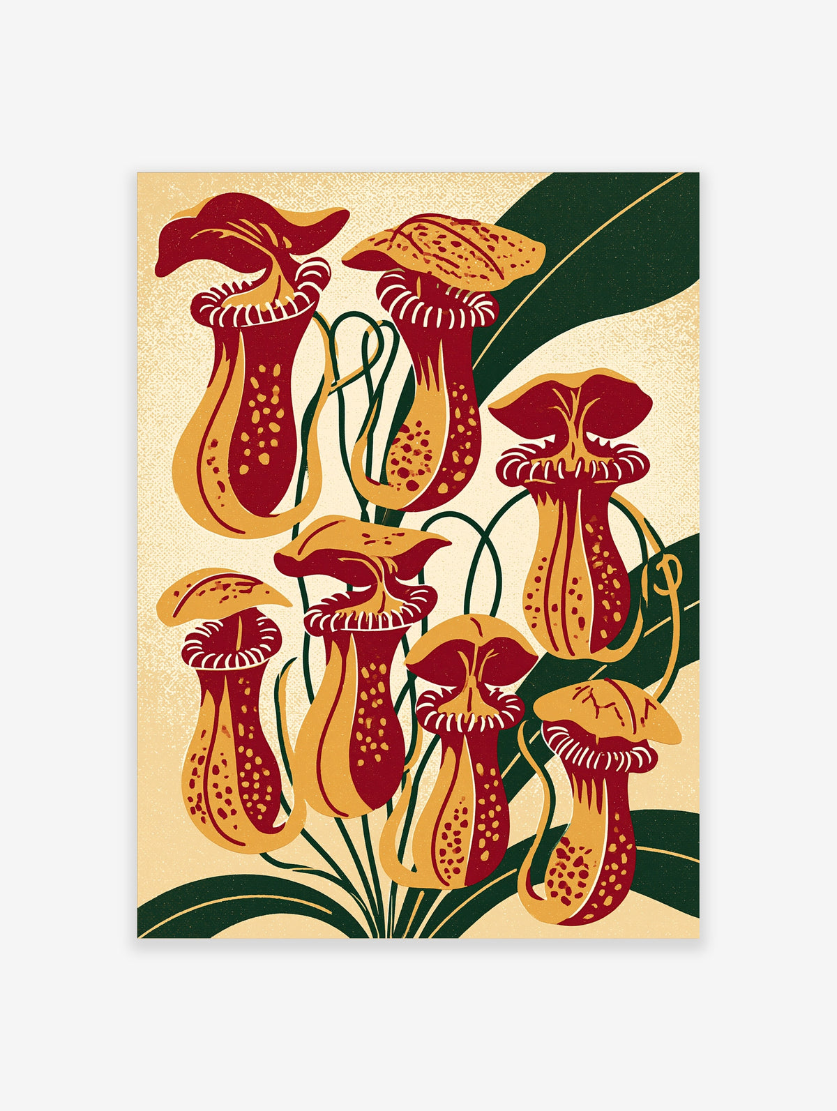 Tropical pitcher plant botanical poster with red and yellow carnivorous plants on beige background