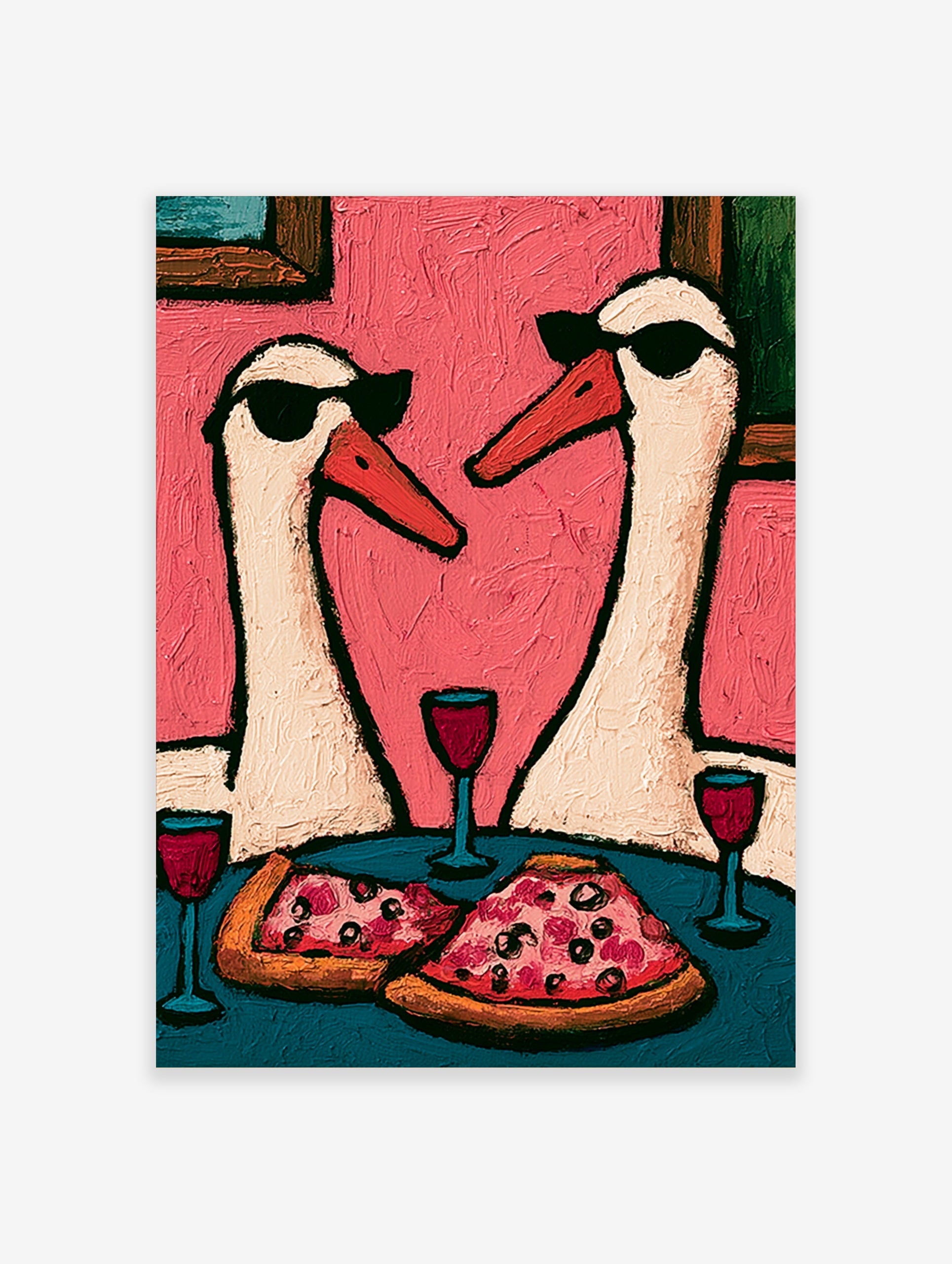 Two swans wearing sunglasses eating pizza and drinking red wine on a pink background, illustrative wall art print