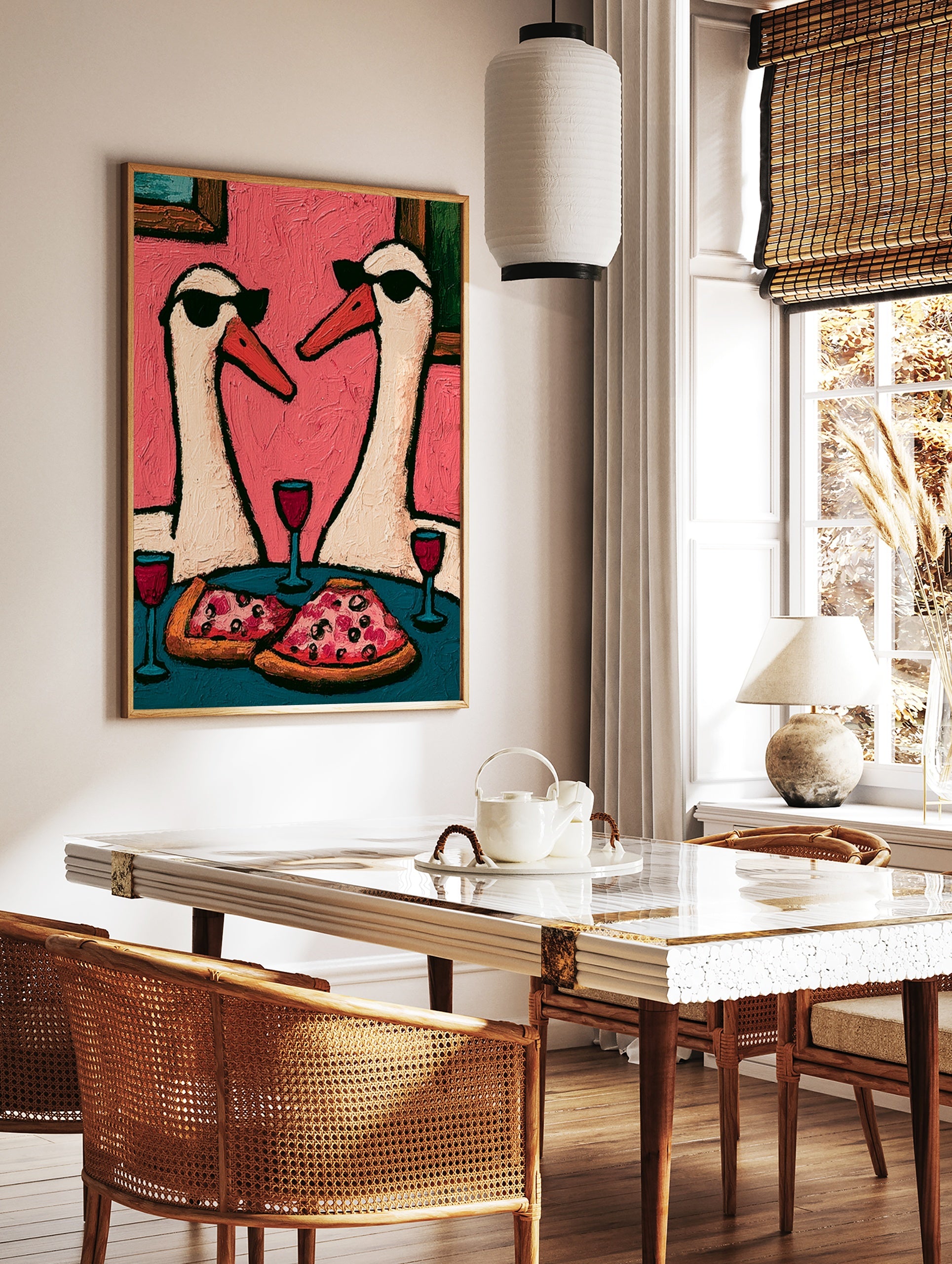 Two swans wearing sunglasses eating pizza and drinking red wine on a pink background, illustrative, in a styled room mockup