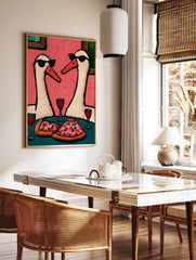 Two swans wearing sunglasses eating pizza and drinking red wine on a pink background, illustrative, in a styled room mockup