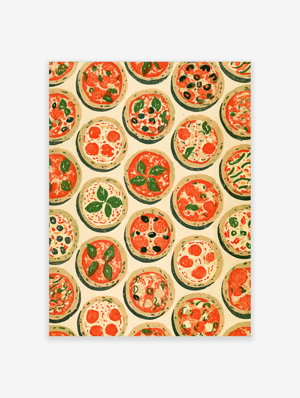 Pizza pattern art print with illustrated pizzas in red, green, and cream on a cream background