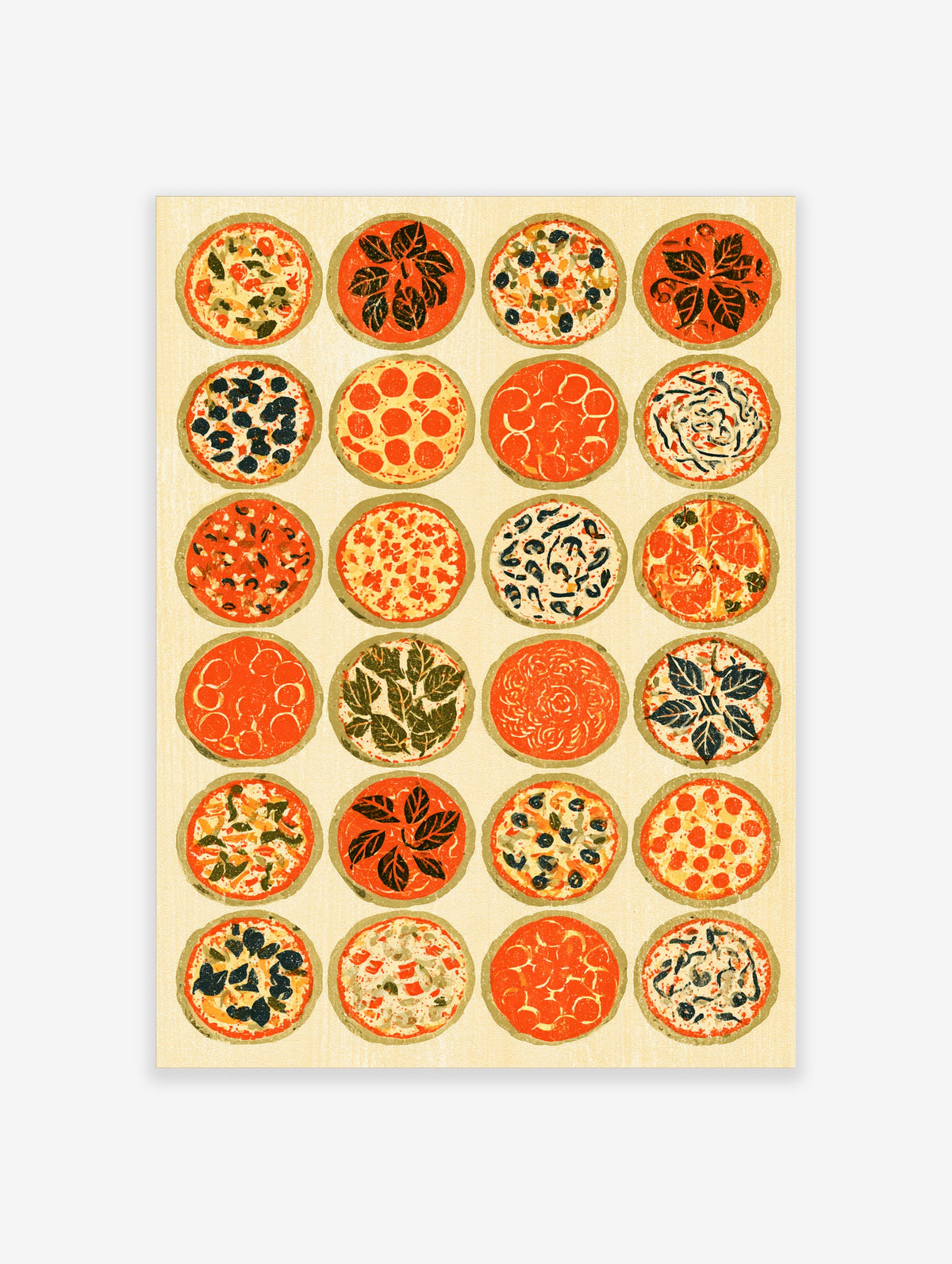 Colourful pizza poster with twelve illustrated pizzas in a grid on a cream background